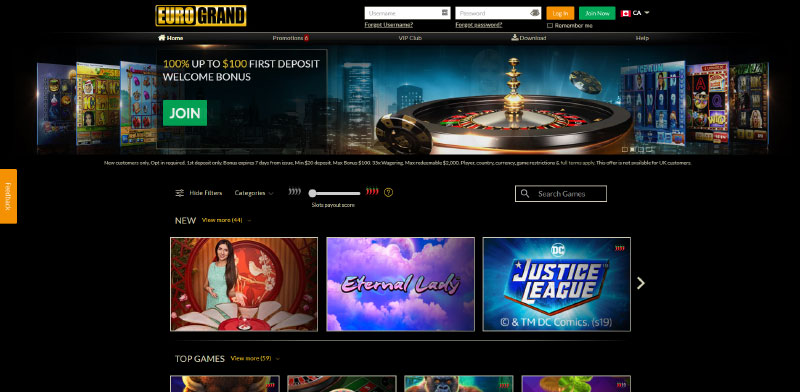Eurogrand Casino Canada - get up to 100 CAD | online-roulette.com